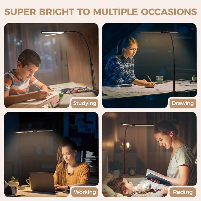 LED Desk Lamp for Home Office, Double Head Desk Light with Clamp | 3 Modes 10 Brightness, Long Flexible Goose-Neck, Eye-Caring, Memory Function, Energy Efficient, USB Adapter, Metal, Black