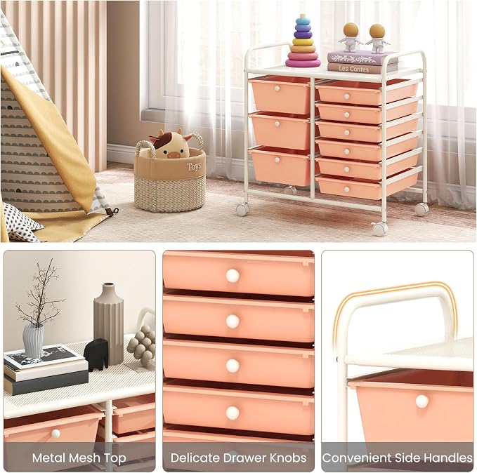 COSTWAY Rolling Storage Cart with 9 Drawer, Utility Cart with Metal Frame | Mobile Art Supply Craft Organizer, Multipurpose Storage Organizer for Paper, Office, School Teacher, Classroom, Peach