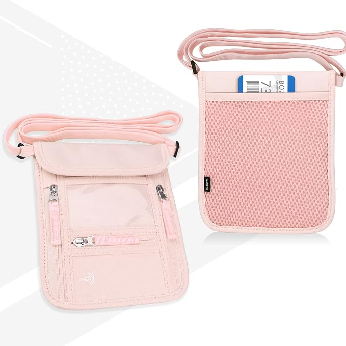 WALNEW Passport Holder Neck Pouch Travel Wallet for Women and Men, RFID Blocking Security Slim Traveling Wallet with Around Neck Lanyard Strap, Pink | Around Neck Lanyard Strap, Travel Safety Anti Theft Bag, Neck Wallet for Traveling Women