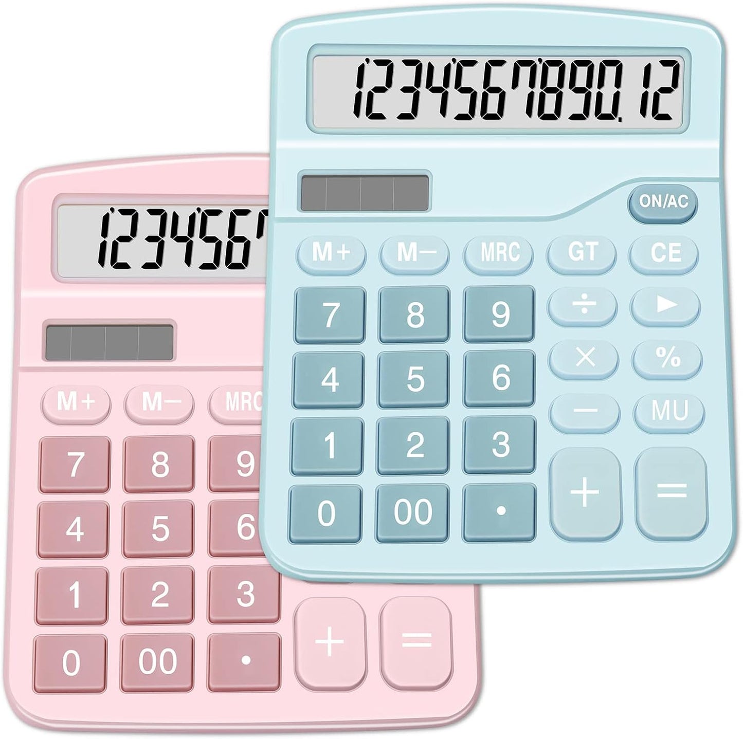 Calculators, Splaks 2 Pack Standard Functional Desktop Calculators Sola and AA Battery Dual Power Electronic Basic Calculator with 12-Digit Large Display for Office, Home, School (1 Blue & 1 Pink)