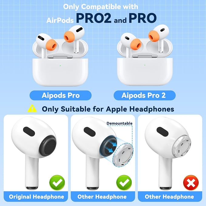 Inesore 4 Pairs Replacement Ear Tips for AirPods Pro 2nd/1st (Orange) | with Noise Reduction Hole & Built-in dust Guard Screen,Silicone,with Portable Storage Box & Cleaner Pen,4 Size (XS/S/M/L)
