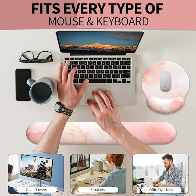 Mouse Pad Wrist Support, Ergonomic Memory Foam Keyboard Wrist Pad & Gel Wrist Rest Set for Computer Keyboard for Easy Typing & Pain Relief for Office & Home (Pink Marble)