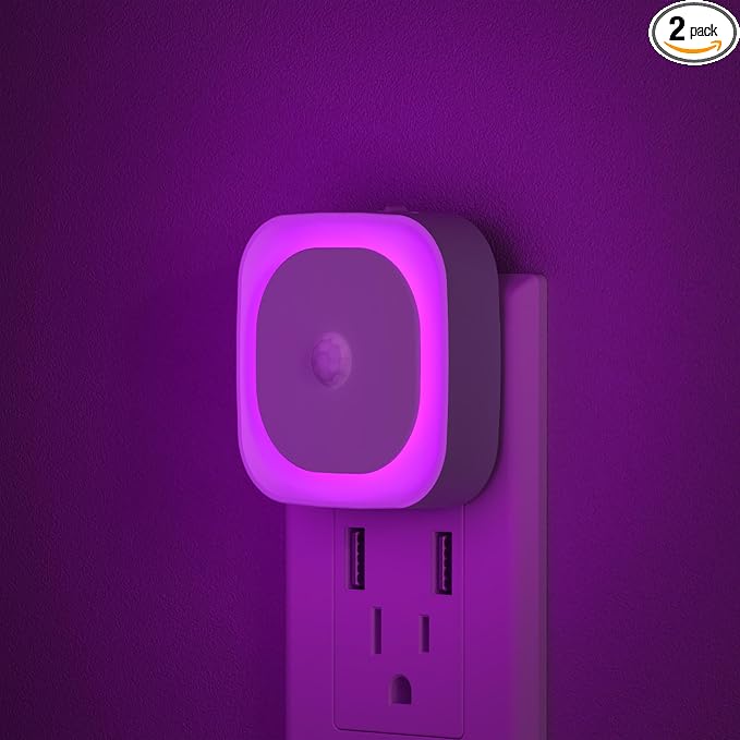 YUNLEX 2 Pack Plug in Night Light with Motion Sensor & Dusk to Dawn Sensor, 3 Sensor Modes, Purple Lights Plug into Wall, Dimmable Calming Glow for Meditation, Relaxation, Bathroom