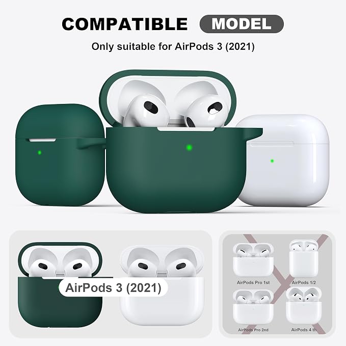 R-fun Compatible with AirPods 3 Case Cover, Silicone Protective Accessories Skin with Keychain Compatible with Apple AirPod 3rd Generation 2021 for Women Men Girls Boys,Front LED Visible,Forest Green