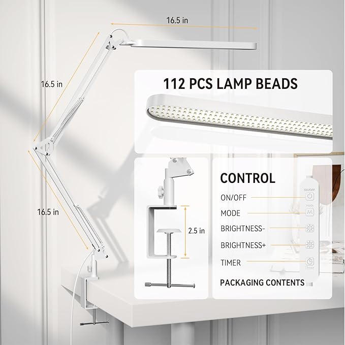 Led Desk Lamp - 31.5" Desk Light - 5 Color Modes X 11 Brightness Levels - Adjustable Swing Arm - Timmer & Memory Function - 12W Study Lamp - White