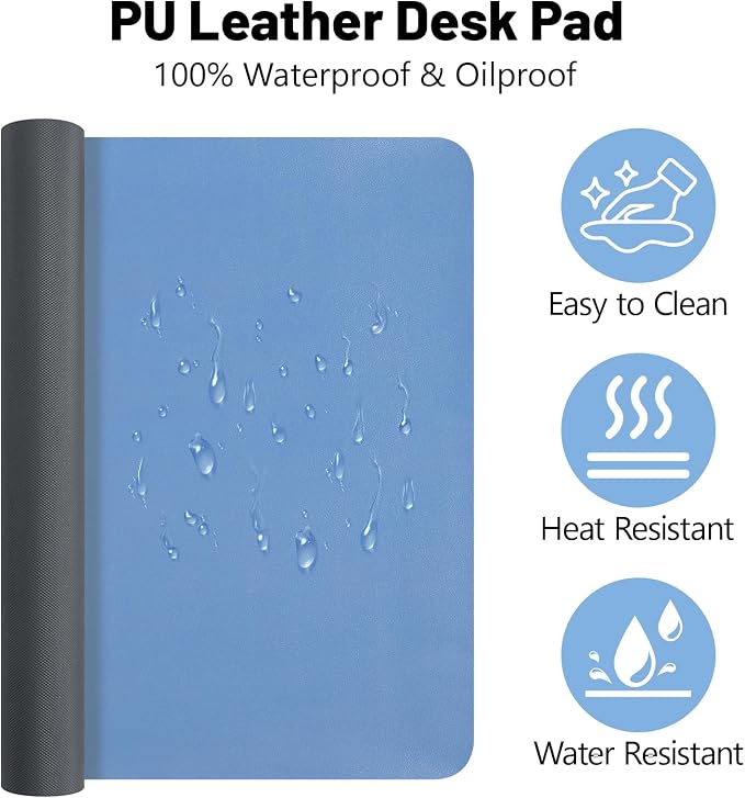 Leather Desk Pad Mat, Blue Desk Mat, 23.6" x 13.7" | Non-slip and Waterproof Computer Mat, Desk Protector for Office/Home, Desk Accessories