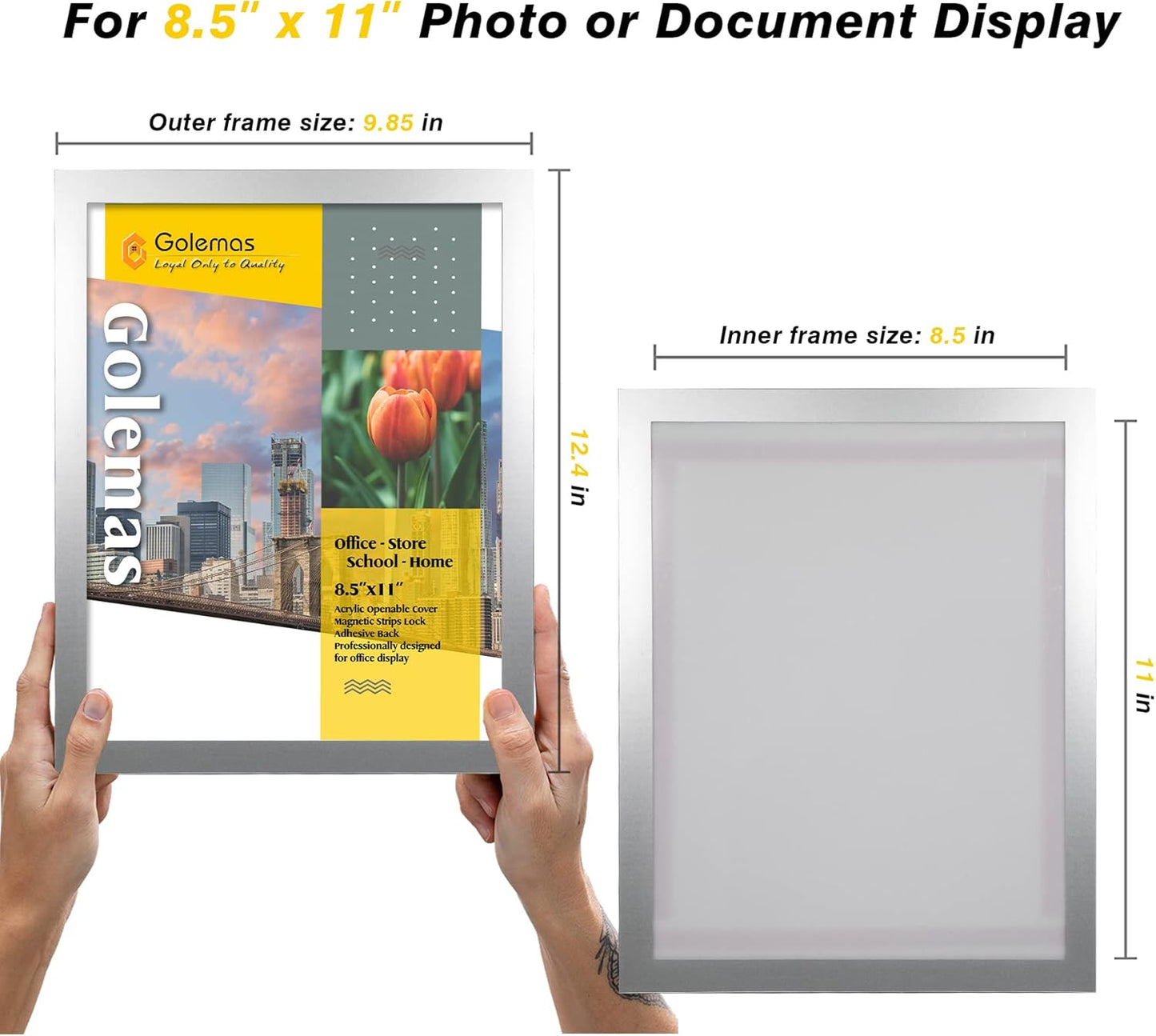 Acrylic Magnetic Sign Holder, Easy-Opening 8.5 x 11 Wall Mount Display Frames, Self Adhesive Back Plastic Clear Document Frame, Horizontal & Vertical Display (Silver, 12Pack)