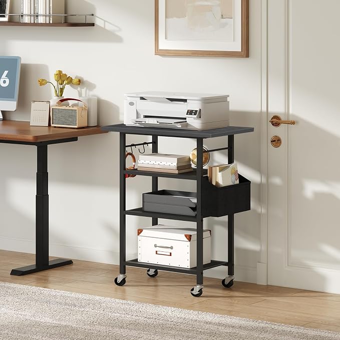 MAHANCRIS 4-Tier Printer Stand, Rolling Printer Table on Wheels, Industrial Storage Stand with Side Pocket, Wooden Tabletop, 2 S-Shaped Hooks, for Home Office, Black PTBK2601