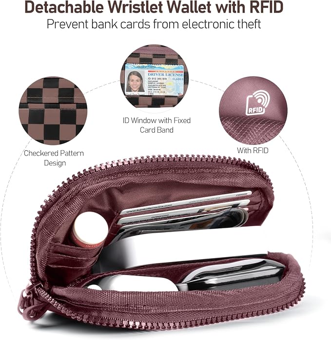 Tiostep Clip and Go Strap for Phone with Wallet Crossbody Phone Lanyard Adjustable and Detachable RFID Wristlet Wallet (Black Brown Checkered, Medium)