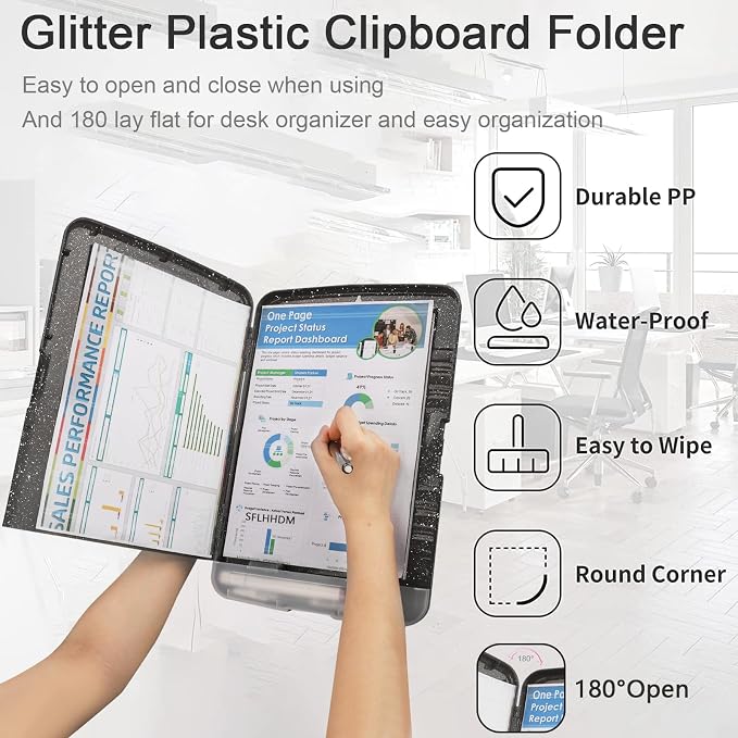 SFLHHDM Glitter Clipboard with Storage, Plastic Storage Clipboard with Pen Holder, Clip Boards 8.5x11 with Low Profile Clip, Side Opening Sparkle Clipboards Folder for Office (Glitter Dark Gray-Black)