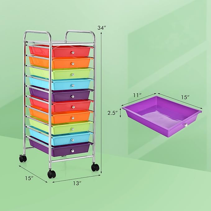 COSTWAY 10-Drawer Rolling Storage Cart, Utility Mobile Trolley | Removable Drawers & Universal Casters & 2 Brakes, Versatile Flexible Drawer Organizer Cart for Home, Office (Multi-Color)