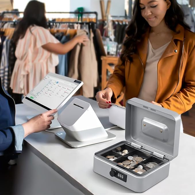 KYODOLED Medium Cash Box with Money Tray,Small Safe Lock Box with Key,Cash Drawer,7.87"x 6.30"x 3.54" Lightgrey Medium