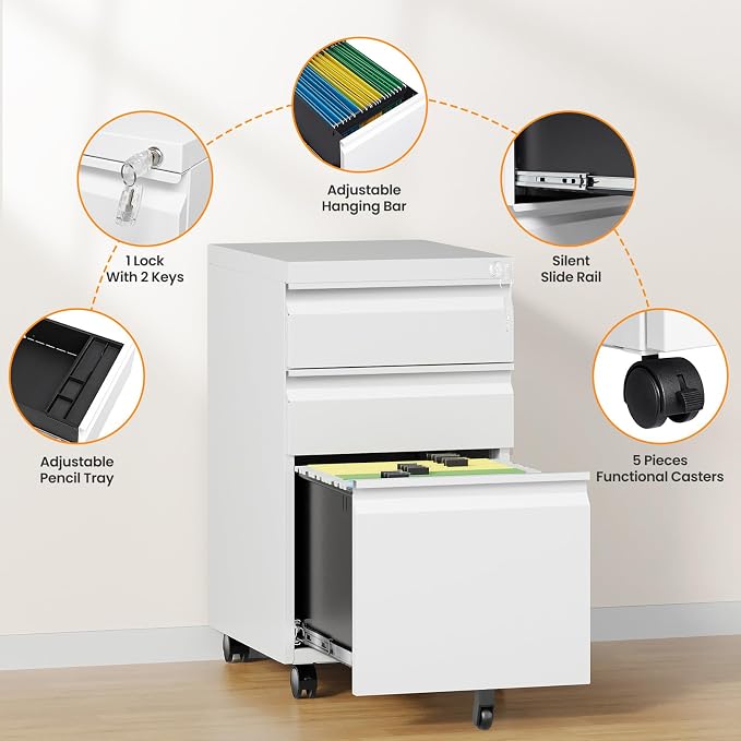 3 Drawer File Cabinet, Fully Assembled Mobile File Cabinets with Lock for Home Office, Metal Rolling Filing Caninet on Wheels, Three Drawer Under Desk Cabnet for Letter/Legal / A4 - White