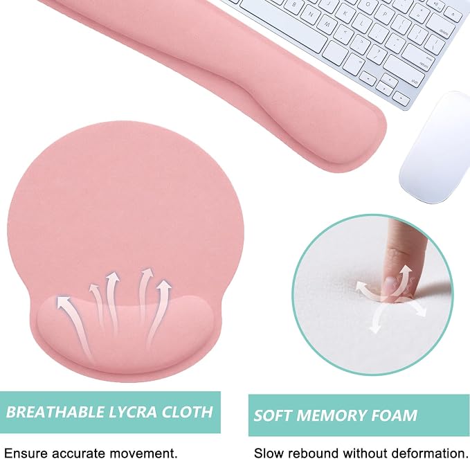Keyboard Wrist Rest Pad Mouse Pad with Wrist Support Set of 3, Mousepad with Non-Slip Rubber Base, Ergonomic Memory Foam Mouse Wrist Cushion Support for Home Office Laptop Computer, Pink