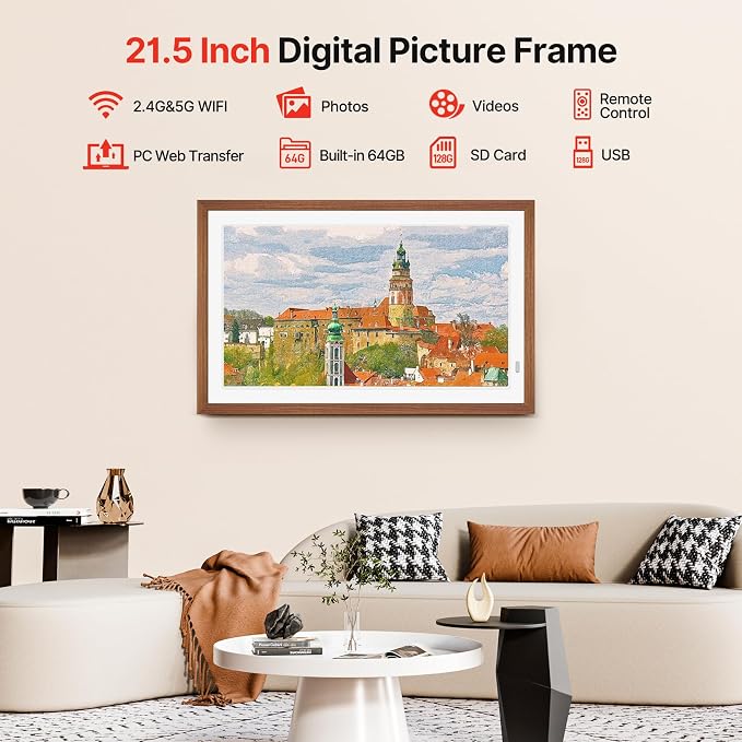 Uhale 21.5" Large Digital Picture Frame WiFi Wood with Remote Control, 1920 x 1080 FHD IPS No Touch Screen Electronic Photo Frames Wall Mount with 64GB, Support SD USB, Share Photos Videos Instantly