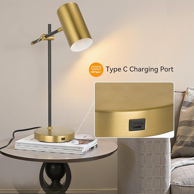 Modern Black and Gold Desk Lamp with Type C Charging Port, Minimalist Industrial Table Lamp with Swing Arm, for Study Room Home Office Bedroom Bedside Nightstand