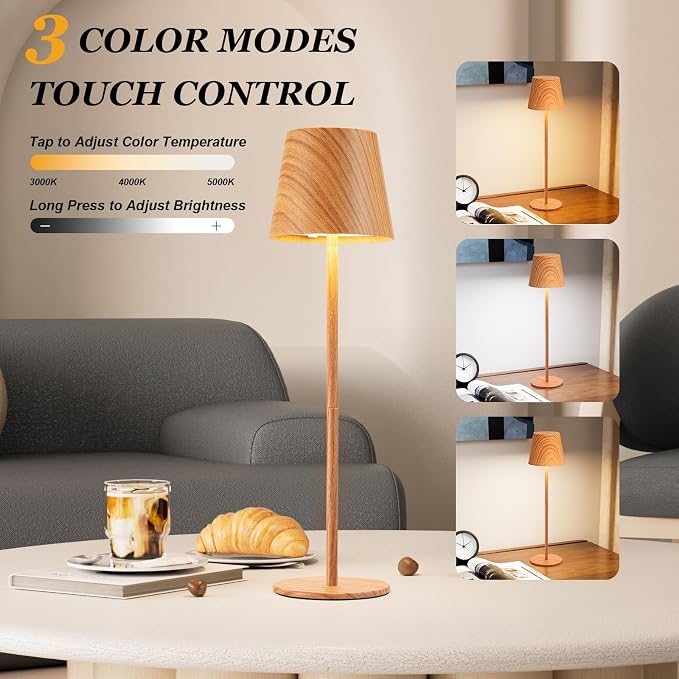 Kakanuo Wood Grain Cordless Table Lamp Rechargeable - 2 Pack 5000mAH Battery Operated Lamp for Counter, 3 Color Stepless Dimming Wireless Lamp for Dining Kitchen, Outdoor Patio, Touch Control