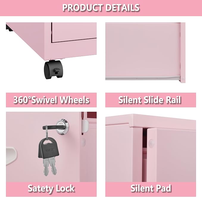 Polup 2 Drawer Rolling File Cabinet with Lock for Home Office | Metal Mobile Filing Cabinet on Wheels, Small Under Desk Storage, Fits Hanging Letter Size, Printer Stand, Pink