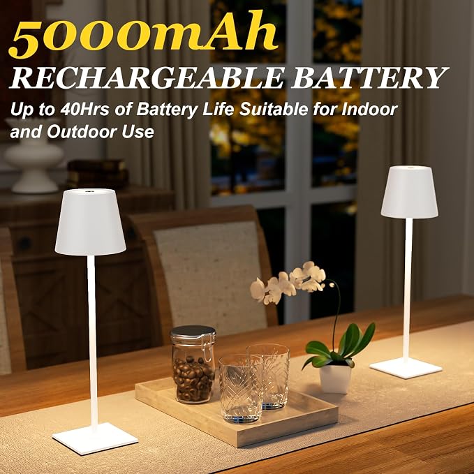 Kakanuo White Gold Cordless Rechargeable Table Lamp 5000mAh Battery Operated Lamps, 3 Colors Stepless Dimming Touch Lamp for Living Room, Kitchen Counter, Dining, Outdoor Patio, 2 Pack