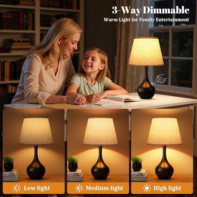 16.1" Touch Table Lamp for Nightstand, Dimmable Small Bedroom Lamp Set of 2 | Touch Control, Set of 2, Bulb Included, Black Bedside Lamps for Desk, Night Stands, Living Room, End Table, Corded