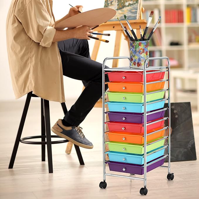 COSTWAY 10-Drawer Rolling Storage Cart, Utility Mobile Trolley | Removable Drawers & Universal Casters & 2 Brakes, Versatile Flexible Drawer Organizer Cart for Home, Office (Multi-Color)