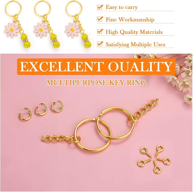 Audab 360Pcs Gold Keychain Bulk, 120Pcs Key Rings with Chain and 120Pcs Open Jump Rings with 120Pcs Screw Eye Pins for Crafts and Jewelry Making