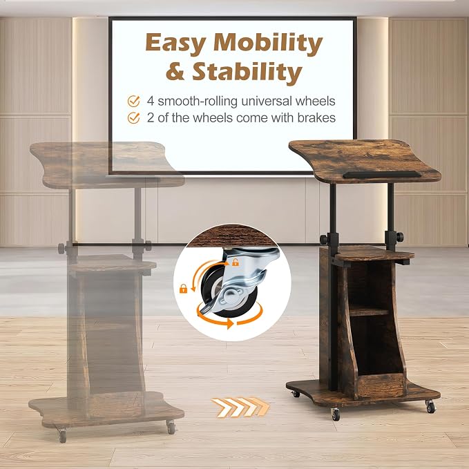 Tangkula Mobile Lectern Podium, Height Adjustable Podium Stand, Sit-to-Stand Desk with Tilting Tabletop & Storage Shelves, Rolling Laptop Cart Desk with Lockable Casters for Home Office School