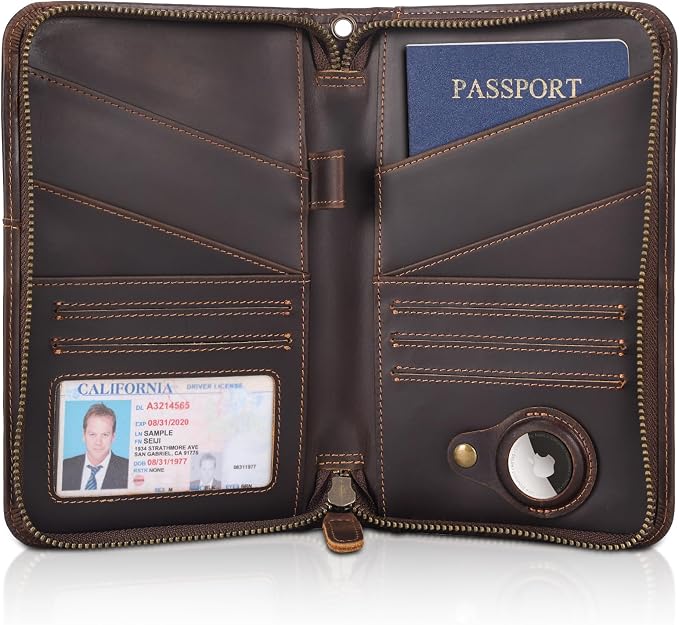 Polare Full Grain Leather Passport Holder Cover Case for Men and Women RFID Blocking Family Travel Wallet Holds 6 Passports (Dark Brown with AirTag Slot)