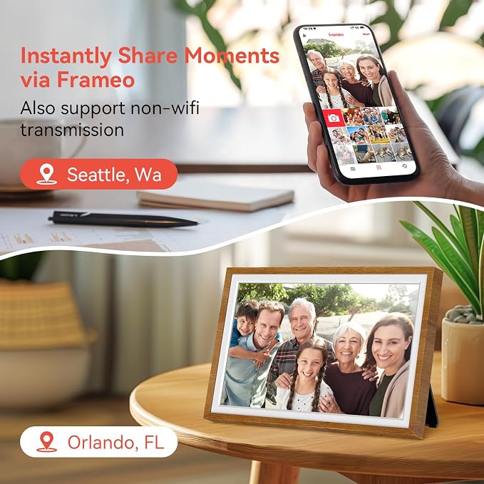Frameo 10.1" Digital Picture Frame with 32GB Memory WiFi Electronic Photo Frame Wood HD Touch Screen Auto-Rotate Slideshow Wall Mountable Share Photos/Video Remotely Anywhere(Warm Wood)