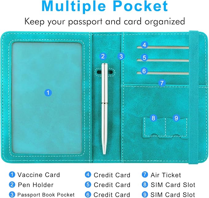 ACdream Passport and Vaccine Card Holder Combo, Cover Case with CDC Vaccination Card Slot, Leather Travel Documents Organizer Protector, with RFID Blocking, for Women and Men, C - Sky Blue, Fashion