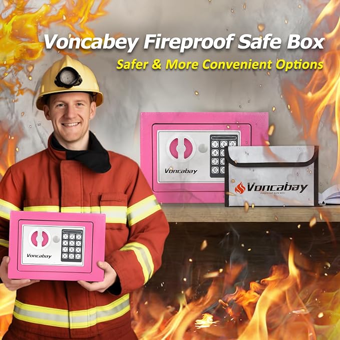 Voncabay Money Safe Box for Home with Sensor Light & Fireproof Money Bag, Security Lock Box with Keys & Pass Code, Fireproof Safe with Digital Keypad Pink