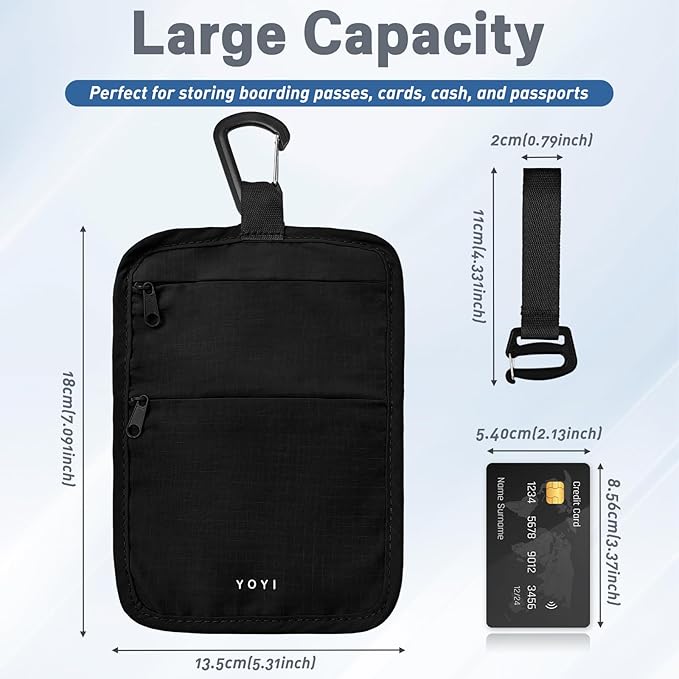 Anti-Theft Belt Waist Travel Wallet Hidden Passport 3-Zone Clip Carabiner | Water-resistant fabric with RFID blocking liner, fits passport, tickets, cards, and cash in 3 zones