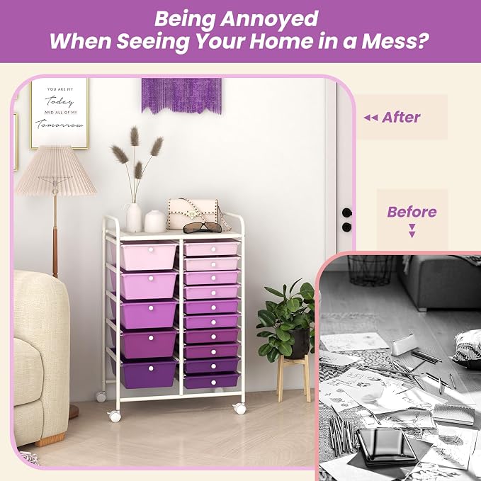 COSTWAY 15 Drawer Rolling Storage Cart, Mobile Storage Organizer | Removable Drawers & Metal Frame, Multipurpose Utility Tools Paper Organizer on Wheels for Home, Office (Purple Gradient)