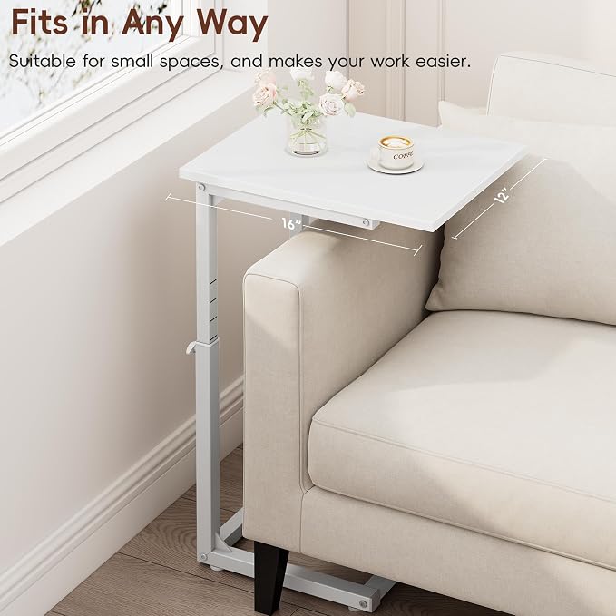 C Shaped End Table, 33"C Table End Table Adjustable Height, Small Side Table for Couch, Tv Tray Table for Small Spaces, Couch Table That Slide Under, Sofa Table for Living Room,Bedroom, White