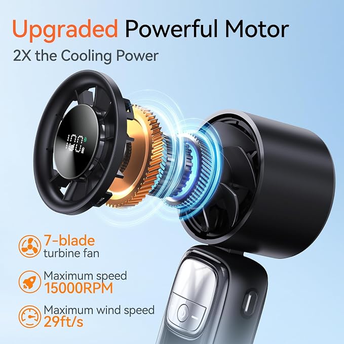 KIMMOO 3-in-1 Portable Handheld Turbo Fan-100 Speeds, 15000 RPM, 10Hrs Cooling, LED Display, 90° Rotation, Small Travel Fan, Mini Foldable Hand Held Personal Fan for Women Men (Black)