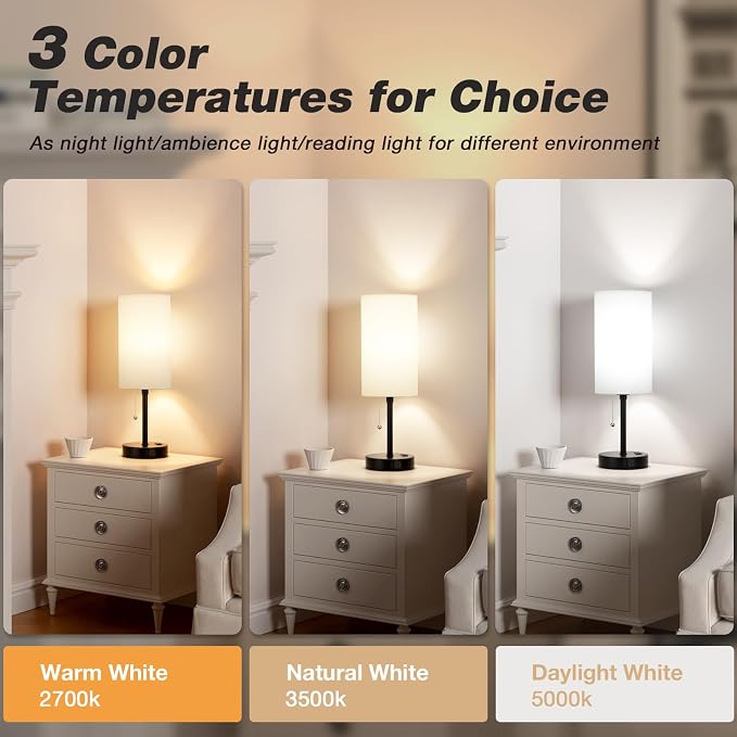 17" Bedside Lamp for Bedroom - USB A+C Port, AC Outlet,3 Color Temperature | 17" Night Stand Lamp, USB A+C Ports, AC Outlet, 3 Color Temperatures, LED Bulb Included, White Fabric Shade, Matte Black Base
