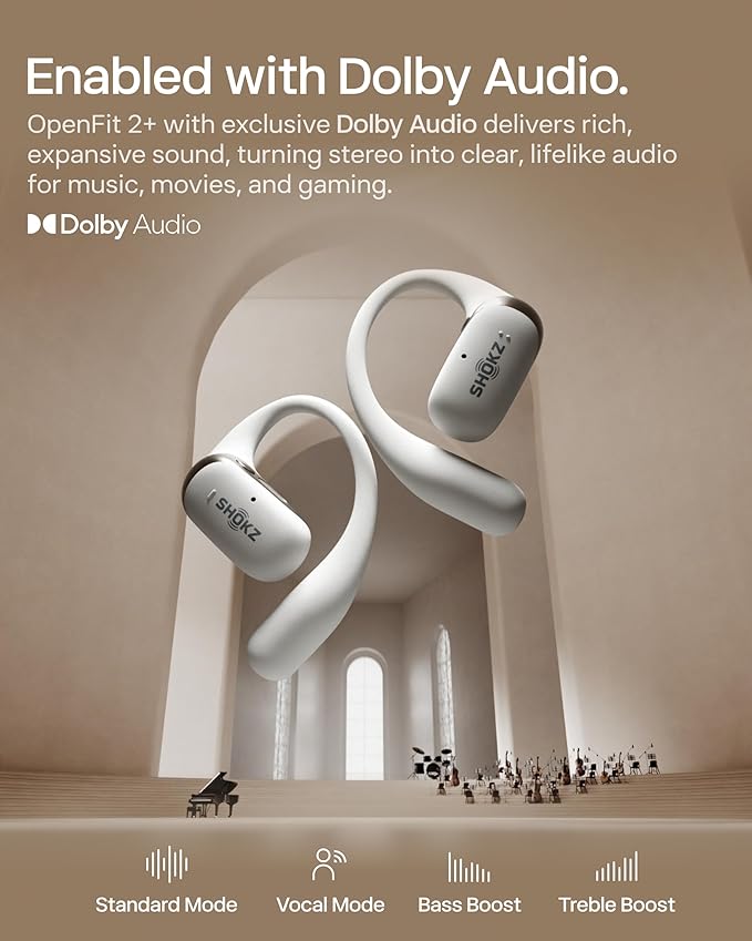 SHOKZ New OpenFit 2+ Open-Ear Headphones, Dolby Audio Enabled, Comfortable Earbuds with Soft Ear Hooks, 48H Playtime, IP55 Water-Resistant, USB-C Fast Charging, Wireless Charging, Carrying Bag, Black