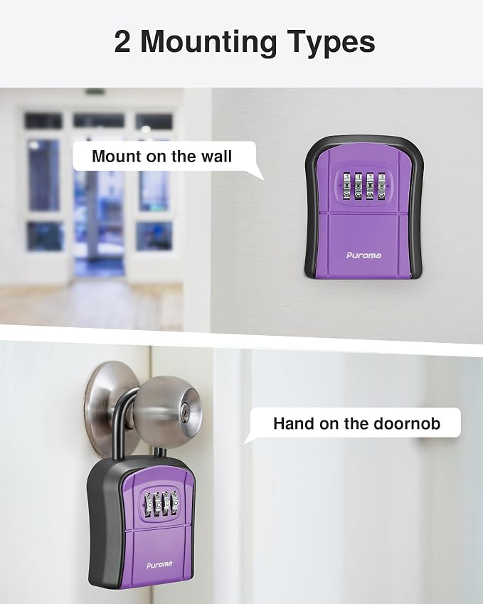 Puroma Key Lock Box, Portable Combination Lockbox Wall-Mounted Key Storage Box for House Keys, Resettable Code Safe Security Lock Box for Home, Office, Apartment Spare Key Storage (1 Pack, Purple)
