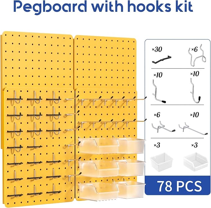 Steel Pegboard Tool Wall Organizer, 4 Pack 14.76 x 10.82 in, 6 Bins, Yellow | 6 clear storage bins organize screws and small parts; 36 hooks and 30 peg locks keep garage tools sorted and easy to reach.