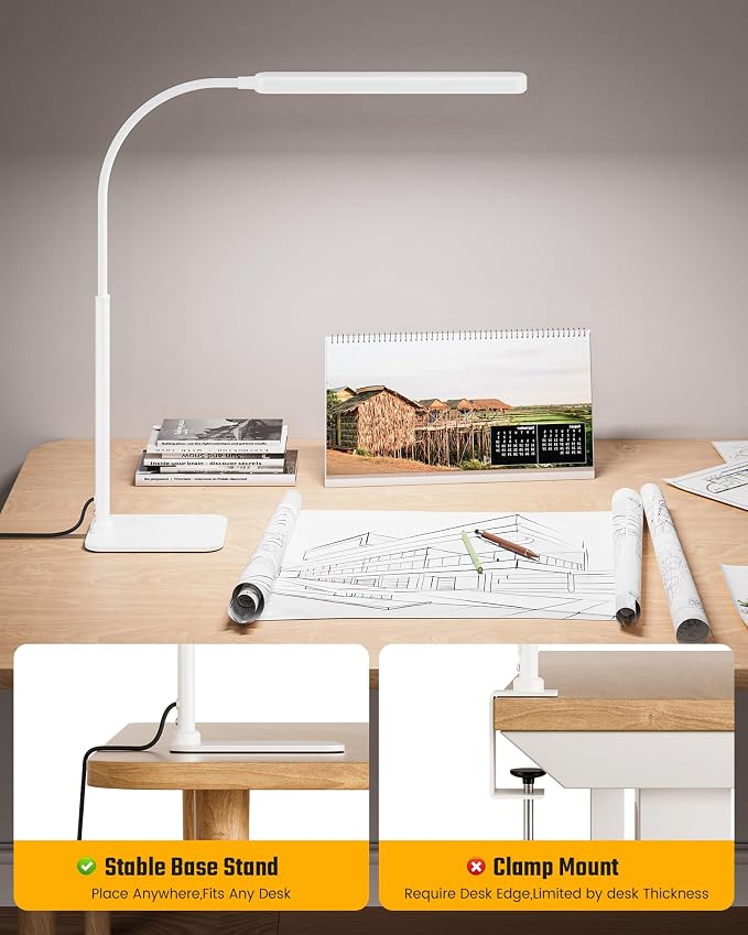 SUPERDANNY Eye-Caring LED Desk Lamp Work Lamp Office Lamp with Base | White, Touch Control, 360° Flexible Gooseneck, 3 Modes Smooth Dimming, Memory Function, Adapter, Metal, for Home Office Dorm