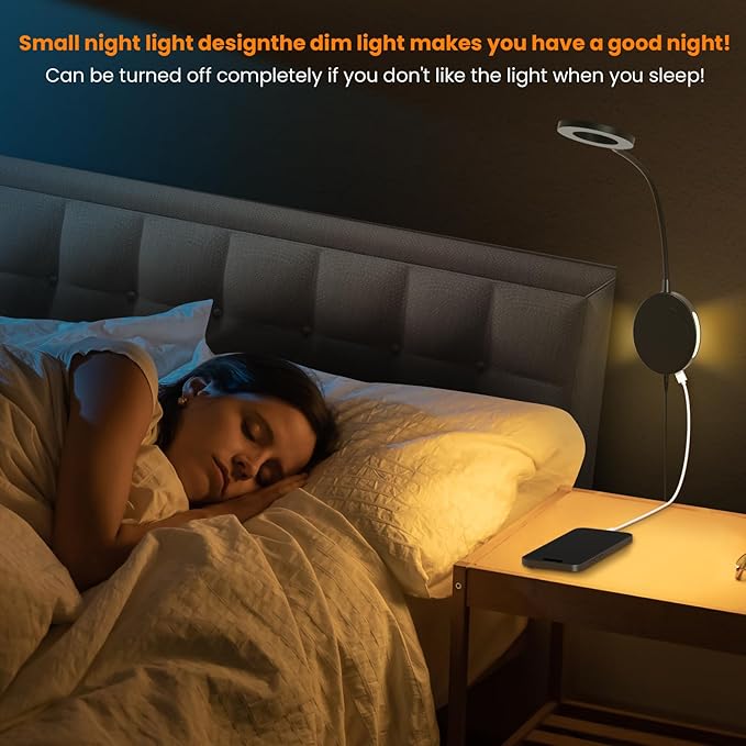 Wall Mounted Reading Light,Headboard Reading Lamp with 5 Color Temperature &5 Dimming,360°Flexible Gooseneck,USB Output, Night Light&Timer Function- Perfect for Reading in Bed Black 2 PCS