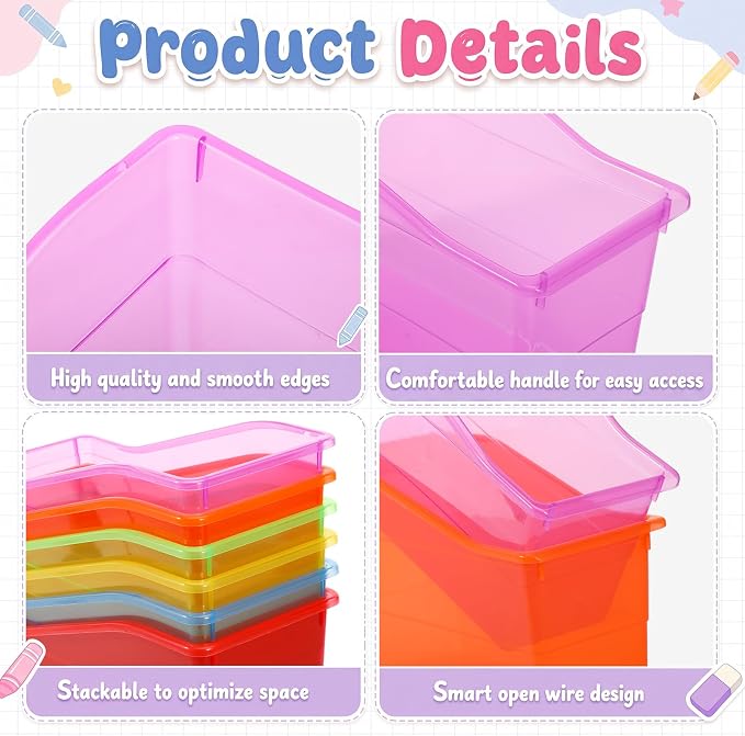 Blosssound 12 Set Book Bins for Classroom Stackable,Translucent Colorful | Plastic Baskets with Labels, Slanted Front, Library Supplies Organizers, Desktop Storage Bins, Teachers Home School Use
