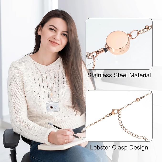Rose Gold, Pink, Purple 3 Pack Retractable Badge Holders with 6 Pcs Id Badge Holder - Stainless Steel Teacher Lanyards for Women & Cruise Ship