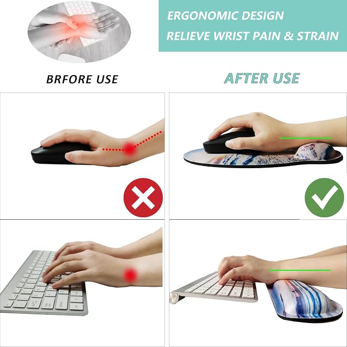 Keyboard Wrist Rest Pad Mouse Pad with Wrist Support Set of 3, Mousepad with Non-Slip Rubber Base, Ergonomic Memory Foam Mouse Wrist Cushion Support for Home Office Laptop Computer Gaming, Beach