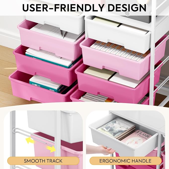 Rolling Storage Cart with 8 Large Drawers, Wooden Tabletop | Open Storage Shelves, Mobile Craft Organizer with Lockable Wheels for Home, Classroom, Office Supplies & Art Studio,Pink