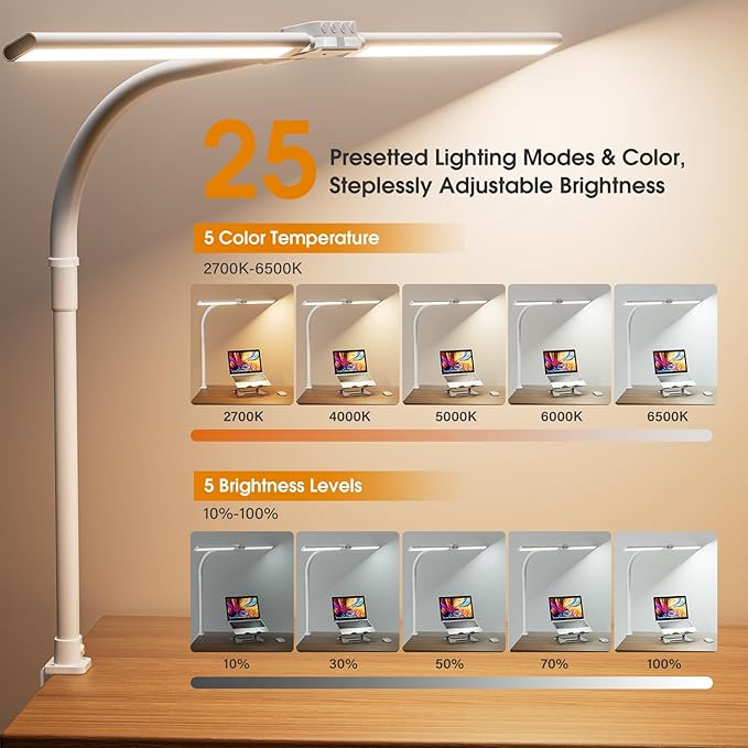 LED Desk Lamp for Home Office - Dimmable Computer Desk Light with Clamp, Modern Architect Task Lamp with Color Changing, Flexible Desktop Lamp with Gooseneck for Monitor, Double Head, White