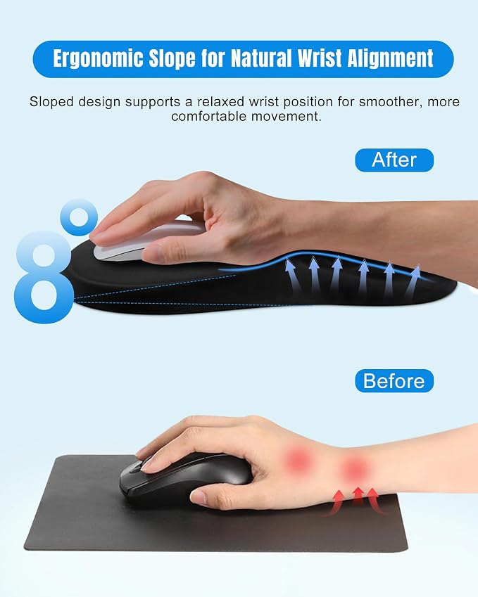 Ergonomic Mouse Pad with Sloped Memory Foam Wrist Rest (Black) | 3D Textured Wrist Cushion, Smooth Lycra Surface, Non-Slip PU Base, Comfortable Support for Office/Home Computer Desks