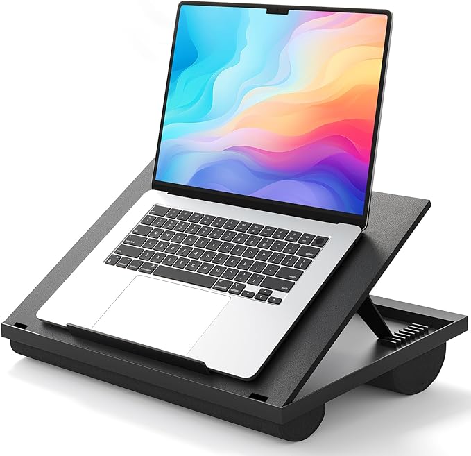 HUANUO Lap Desk with 8 Adjustable Angles – Up to 15.6" Laptop, Black | Dual-cushion base, carry handle, 30% thicker for durability, wider anti-slip ledge, for home office, sofa, bed, car