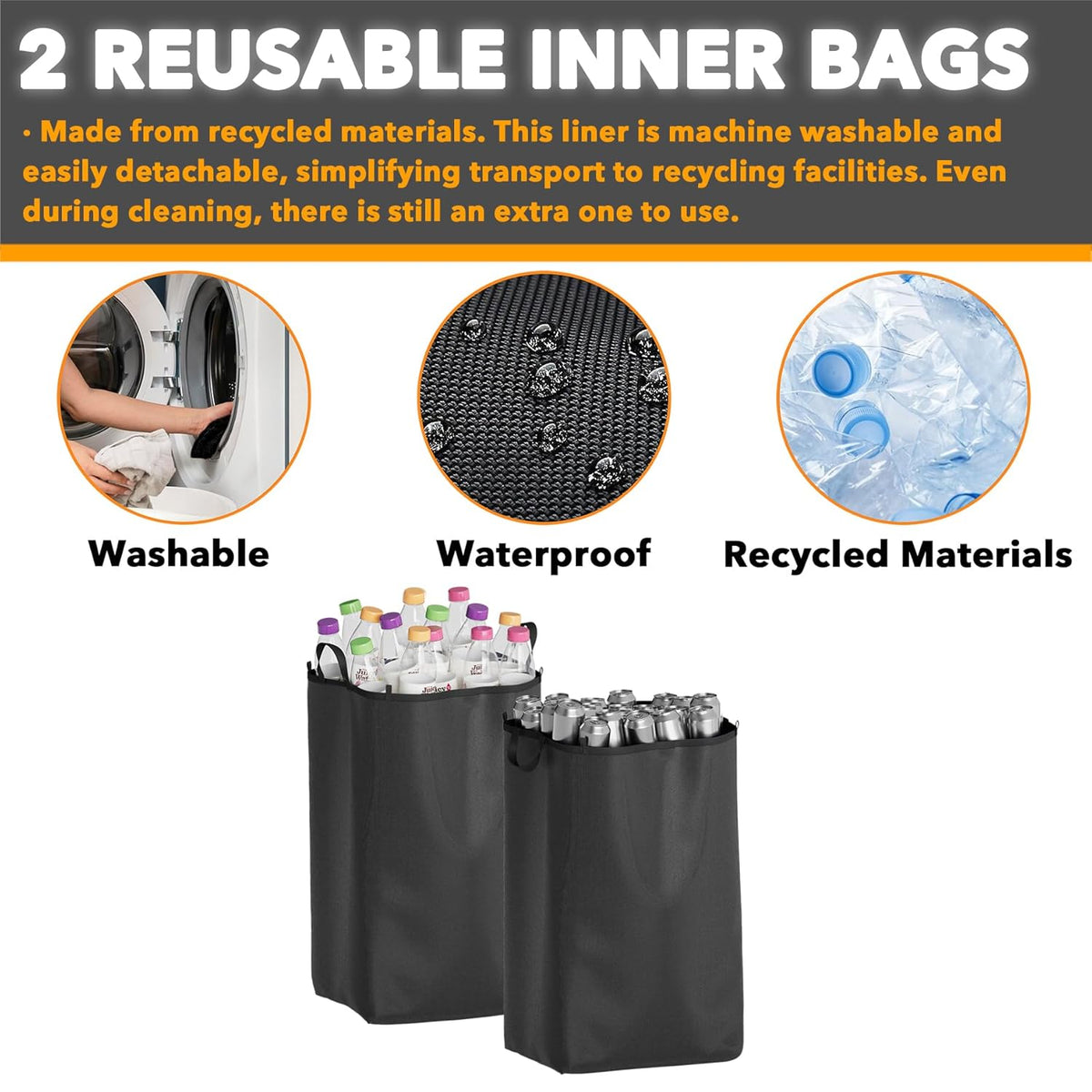 SpaceAid Recycling Bin for Kitchen 26 Gallon, 100L Recycle Bin with Lid and 2 Reusable Inner Bags, for Bottle Can Glass Plastic Stickers, Black