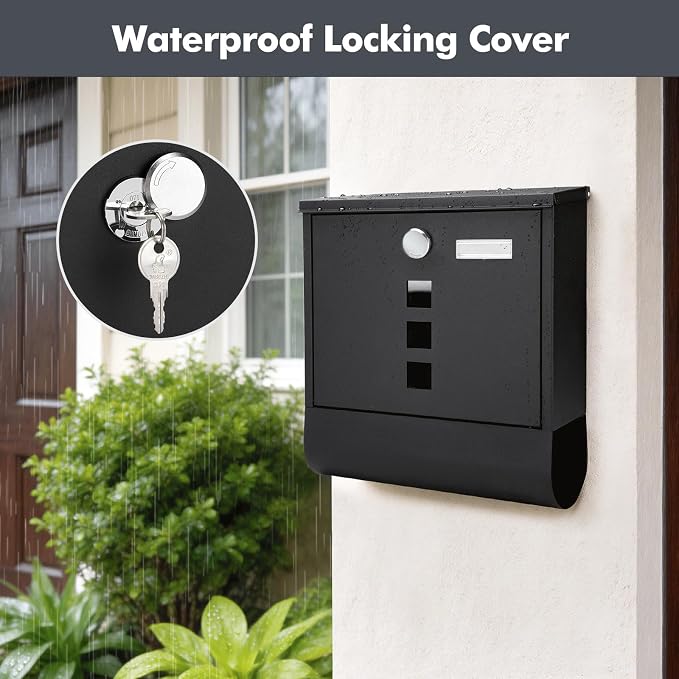 Jssmst Locking Mailbox Wall Mount, Black Mailboxes with Secure Key Lock and Newspaper Compartment, Key Lock Drop Box Large Capacity with Galvanized Cover and Rust-Proof Metal Mailbox, HPB2210 Black